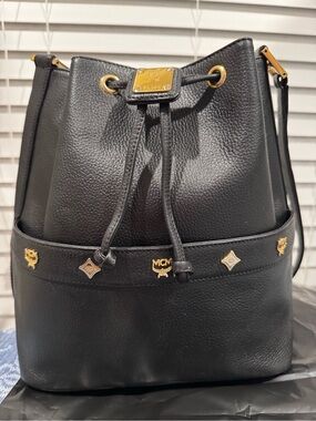 MCM Vintage Black Pebbled Leather Drawstring Bucket Bag made in Germany